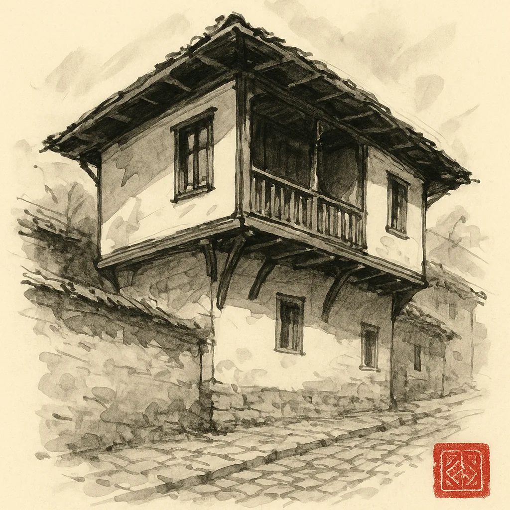 Каблешковата къща, бяла фасада с дървен чардак