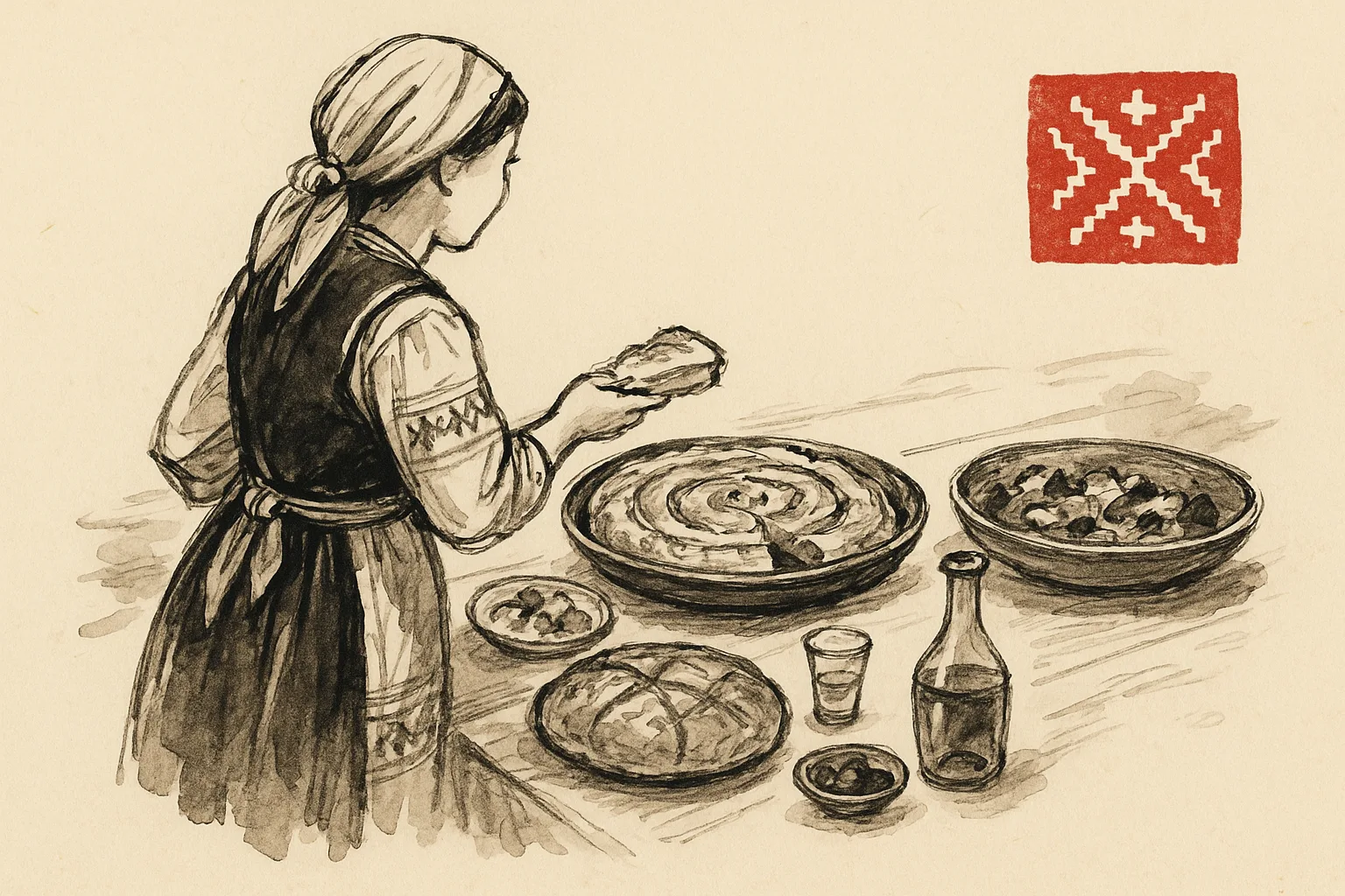 Маса с традиционни български гозби, ракия и баница